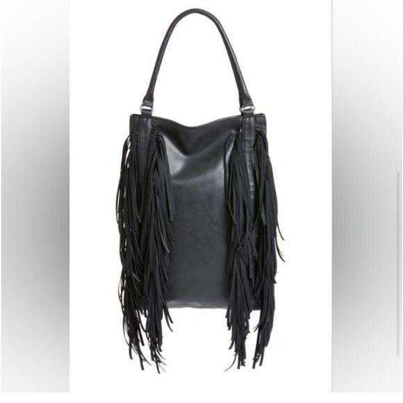 New Area Stars Black Fringe Hobo Shoulder Bag Faux Leather Spacious New w/ Tags - Picture 4 of 14